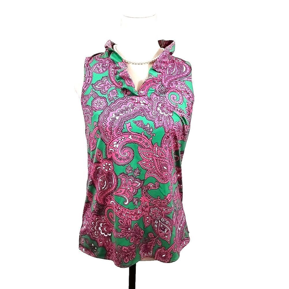 Crown & Ivy Womens Small Pink Paisley Top Sleeveless Stretch Ruffle Pullover